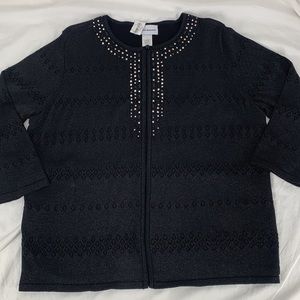 NWT Alfred Dunner•Metallic Black Knit, Open-Front,Built-In Shell Cardigan   SzLG